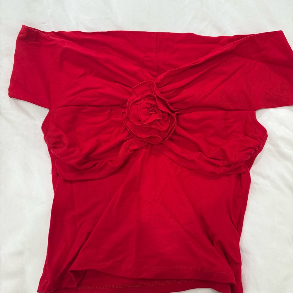 reformation off the shoulder red top with flower detail